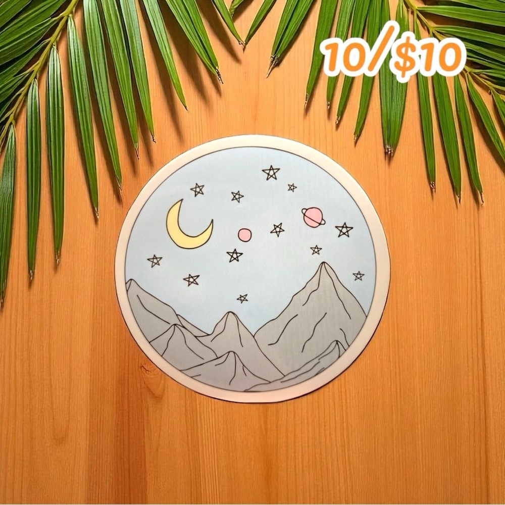 Mountain & Space Scene Vinyl Sticker Minimalist Moon, Stars, and Planets Design